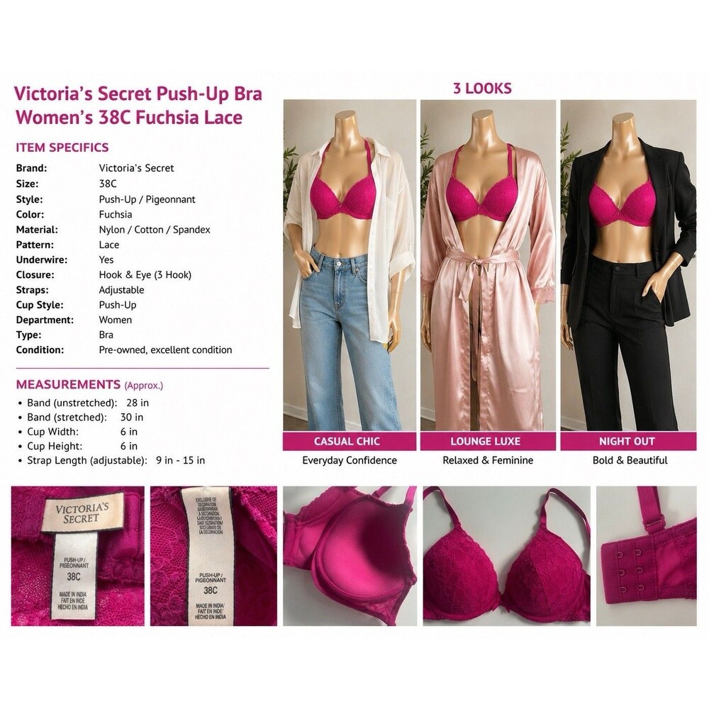 Victoria's Secret Lace Push-Up Bra Size 38C Fuchsia Pink Underwire padded sexy